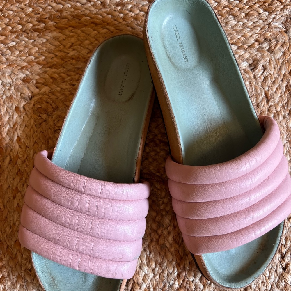ISABEL MARANT PINK GREEN LEATHER HOLDEN SANDAL SLIDES SIZE 9/39